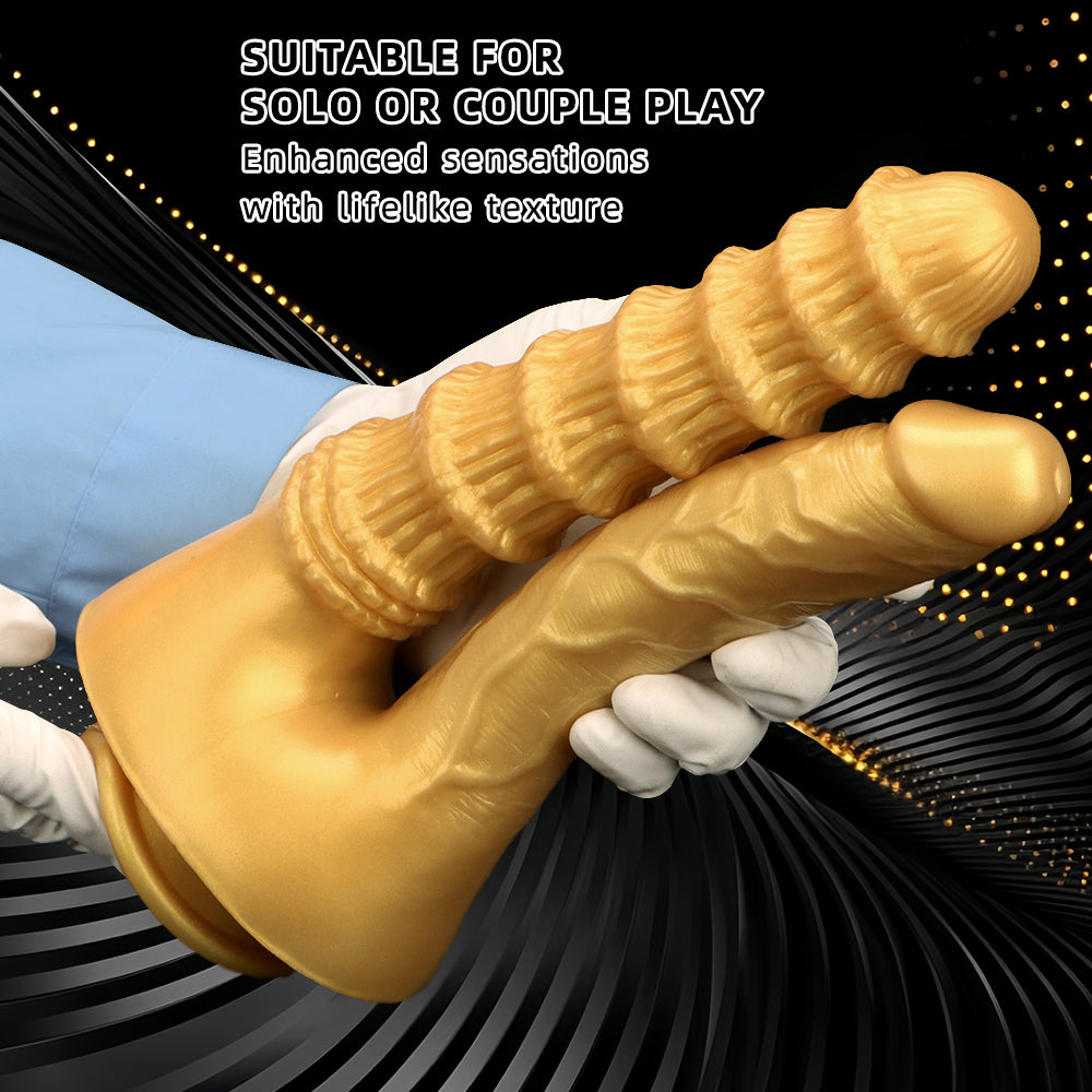 Dildo Ringed Vàng Silicone Đôi Thâm Nhập Lấp Lánh Dildo Ringed Vàng Silicone Đôi Thâm Nhập Lấp Lánh