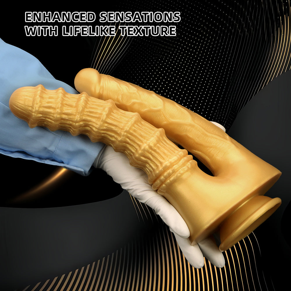 Dildo Ringed Vàng Silicone Đôi Thâm Nhập Lấp Lánh Dildo Ringed Vàng Silicone Đôi Thâm Nhập Lấp Lánh