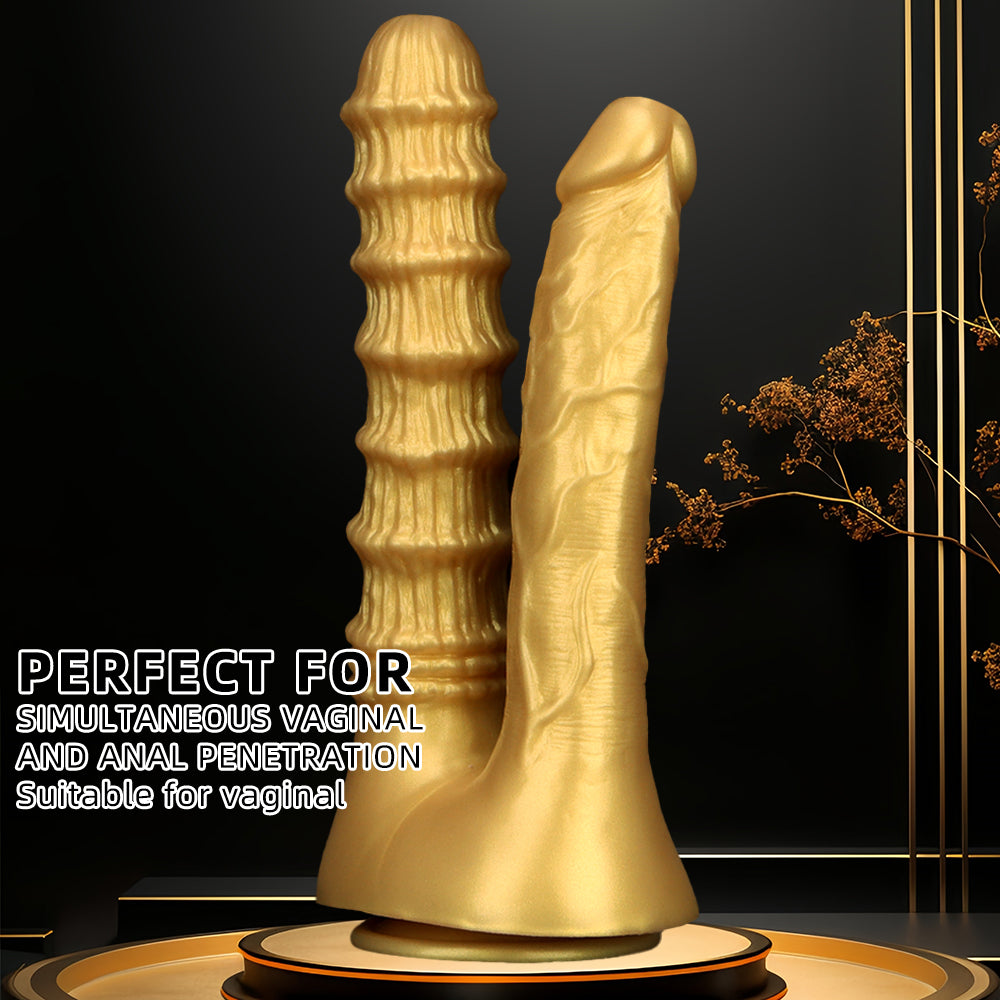 Dildo Ringed Vàng Silicone Đôi Thâm Nhập Lấp Lánh Dildo Ringed Vàng Silicone Đôi Thâm Nhập Lấp Lánh