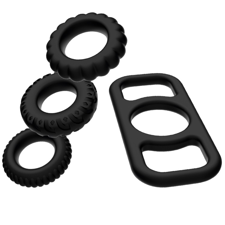 Addicted Toys vòng dương vật 4 món đen silicon bền bỉ tăng khoái cảm