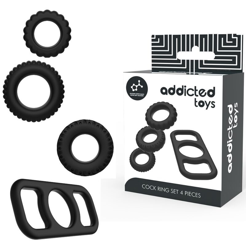 Vòng Dương Vật Addicted 4 Món Đen Silicon Tăng Cảm