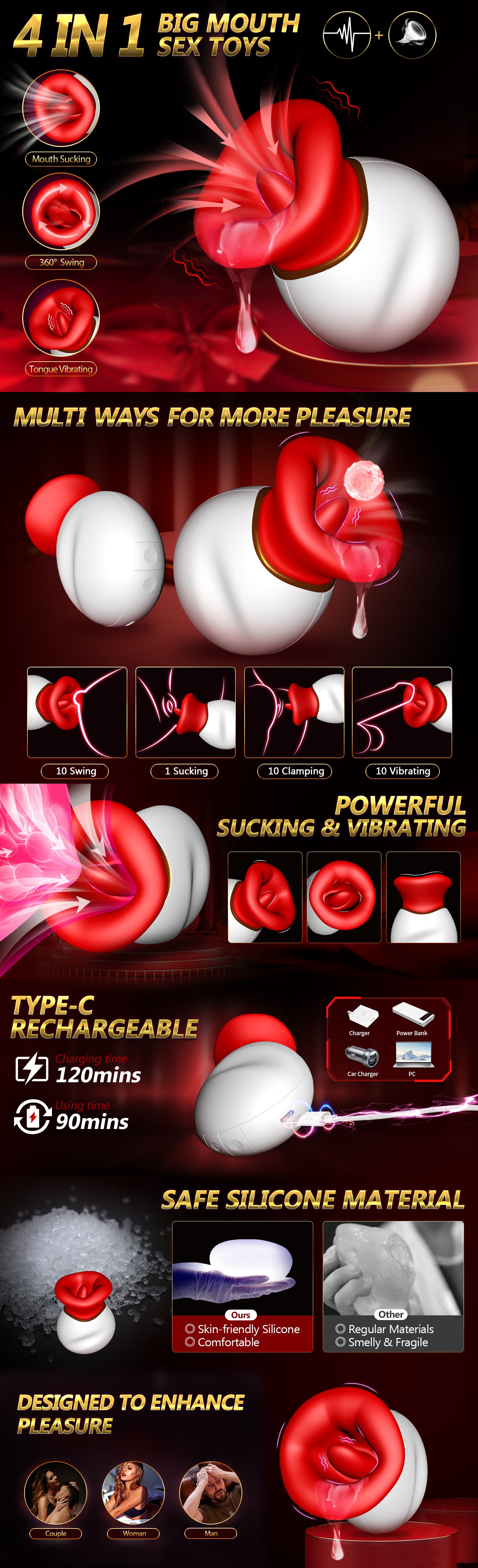 4in1 Big Mouth Hút Xoay Kẹp Rung Đa Năng Nuốt Trọn