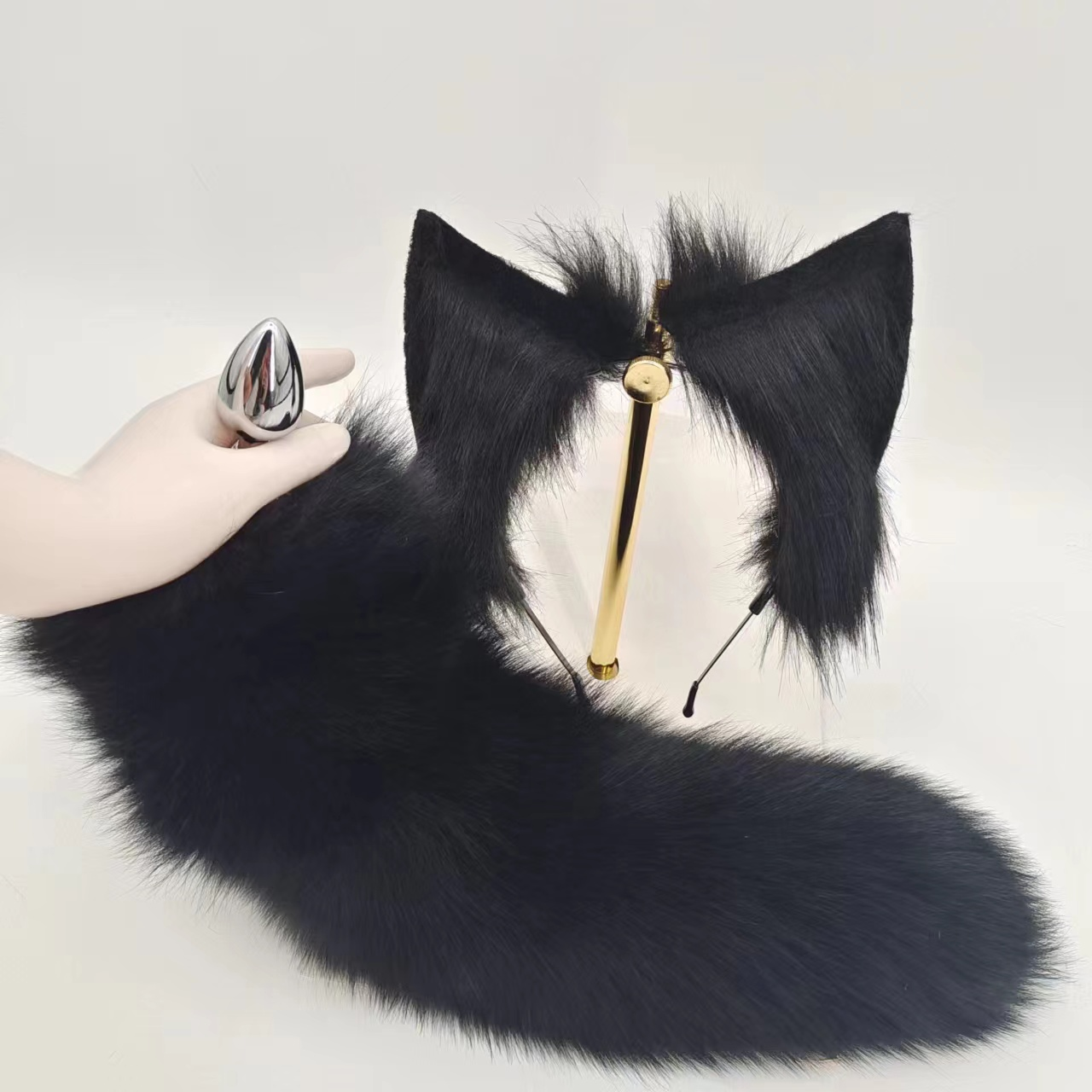 Fluffy Black Fox Tail Đít Cắm Tai Thỏ Đen Cao Cấp