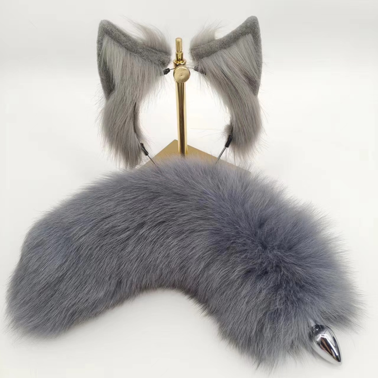 Fox Tail Butt Plug Xám Lông Thật Cosplay