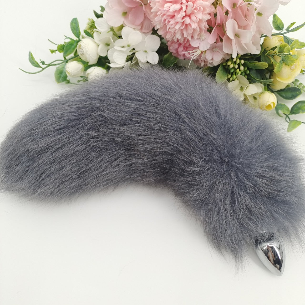 Fox Tail Butt Plug Xám Lông Thật Cosplay