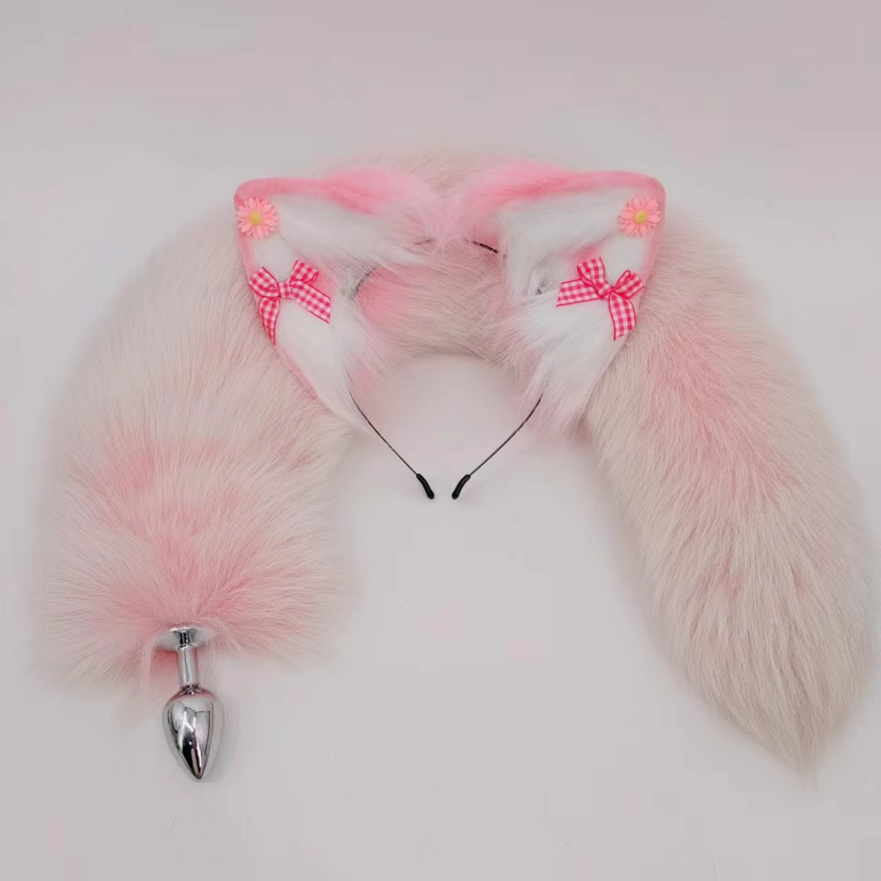 Fox Tail Butt Plug Hồng Trắng Lông Thật Dễ Thương