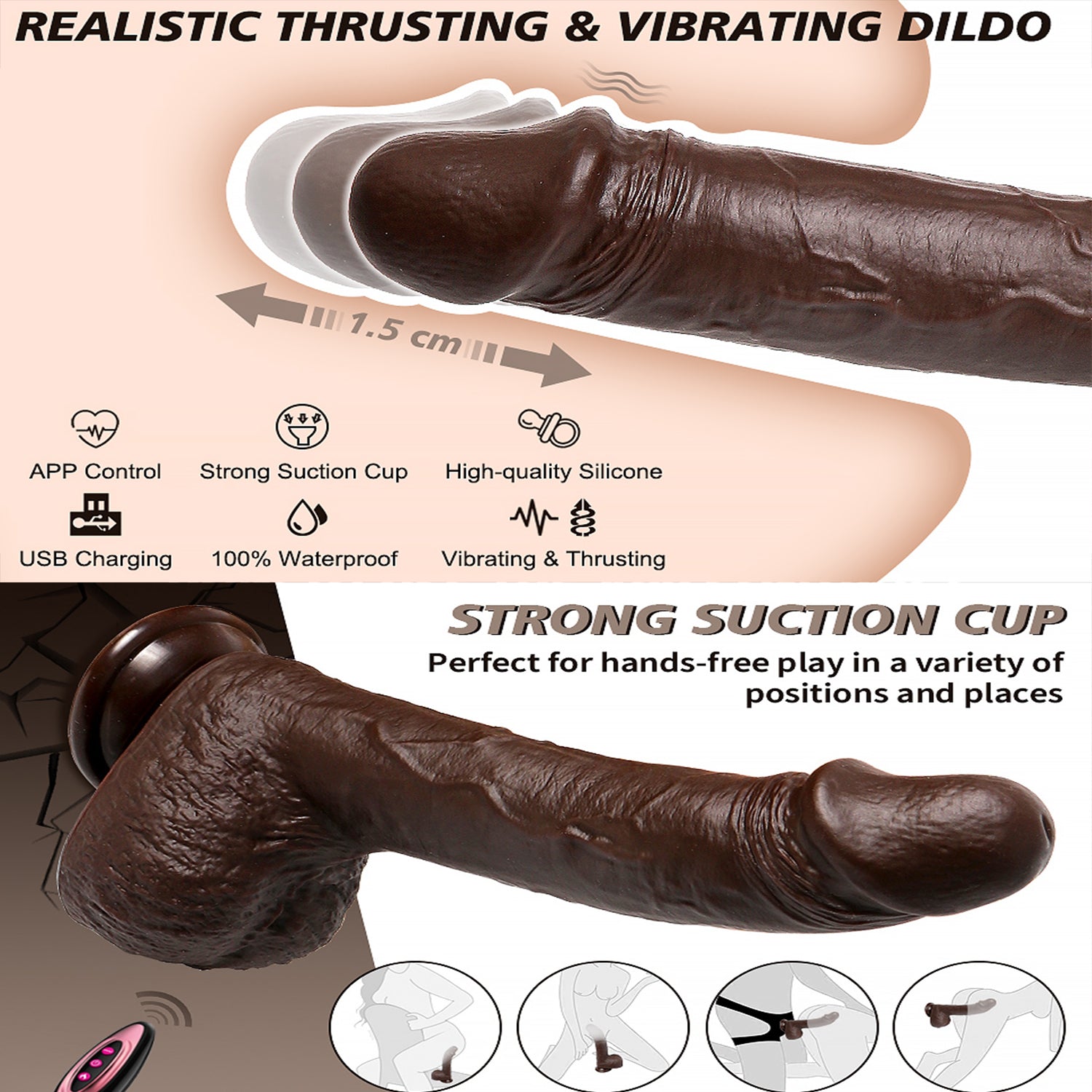 Dildo Rung Đen Bluetooth Đẩy Từ Xa Thăng Hoa