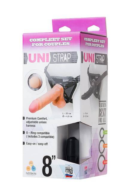 Strapon LoveToy Uni Harness đen 2 nắp 20.5cm PVC chắc