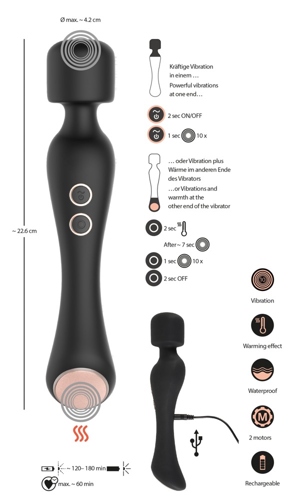 Cupa Wand Rung Sưởi Đen 22.6cm Silicone Đa Điểm Thoải Mái
